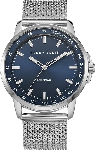 Perry Ellis Solar Powered Mens Watch | Steel Mesh Band | Water-Resistant Analog Wrist Watches for Men