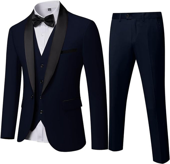 Men's 3 Piece Slim Fit Tuxedo Set, One Button Shawl Collar Solid Jacket Vest Pants with Bow Tie