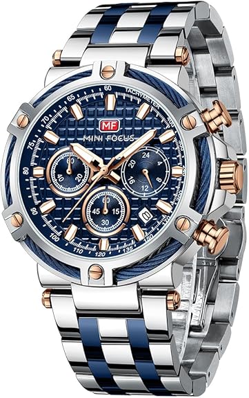 Business Men Watches (Chronograph/Waterproof/Luminous/Calendar/24 Hours) Big Face Stainless Steel Band Watches for Men