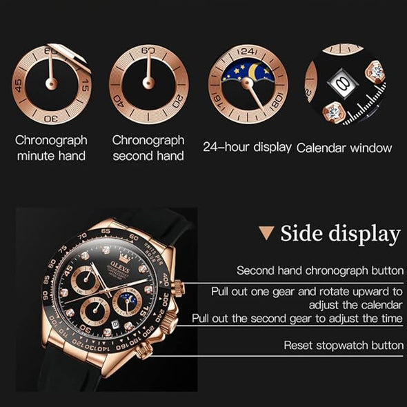 OLEVS Men's Watches Chronograph Multifunction Sport Silicone Luxury Diamond Moon Phase Quartz Male Watch Waterproof Wrist Watch …