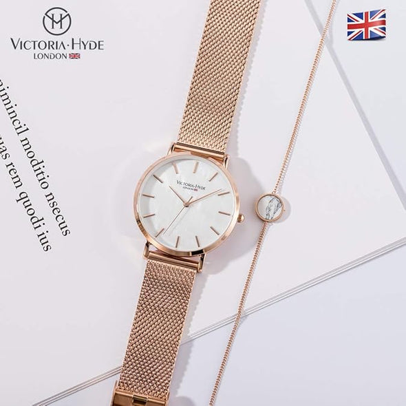 VICTORIA HYDE Rose Gold Watches for Women Analog Quartz Stainless Steel Mesh Band Casual Ladies Wristwatch with Bracelet Sets