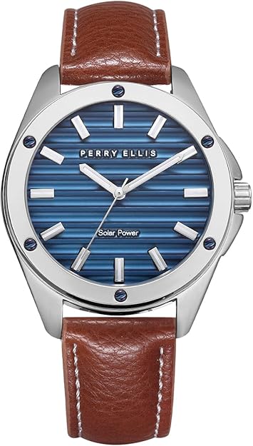 Perry Ellis Solar Powered Mens Watch | Vegan Leather Water-Resistant Analog Wrist Watches for Men