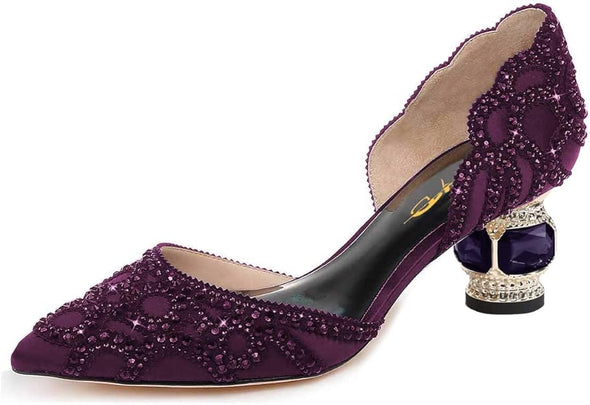 Women's Pumps, Elegant Pointed Toe, D'Orsay Crystal Chunky Low Heels 2 Inches, Rhinestone Studs, Slip-On Satin Shoes for Wedding