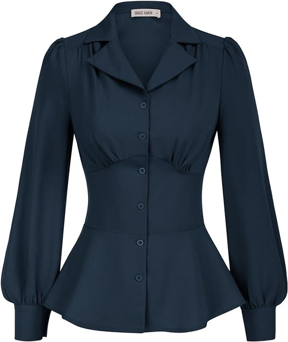Button Down Shirts for Women Fall Peplum Tops Long Sleeve Work Blouse Collared Shirt Dressy Top