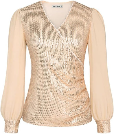Womens Sequin Dressy Tops Chiffon Light Long Sleeve Glitter Sparkly Shimmer Party