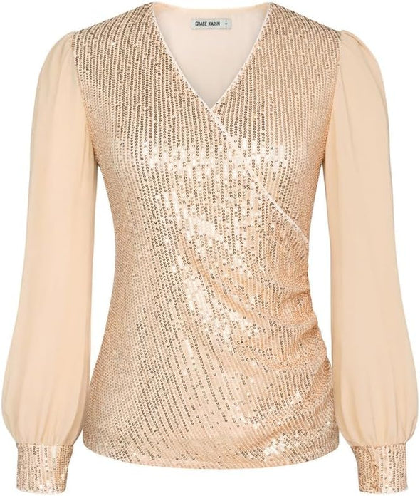 Womens Sequin Dressy Tops Chiffon Light Long Sleeve Glitter Sparkly Shimmer Party