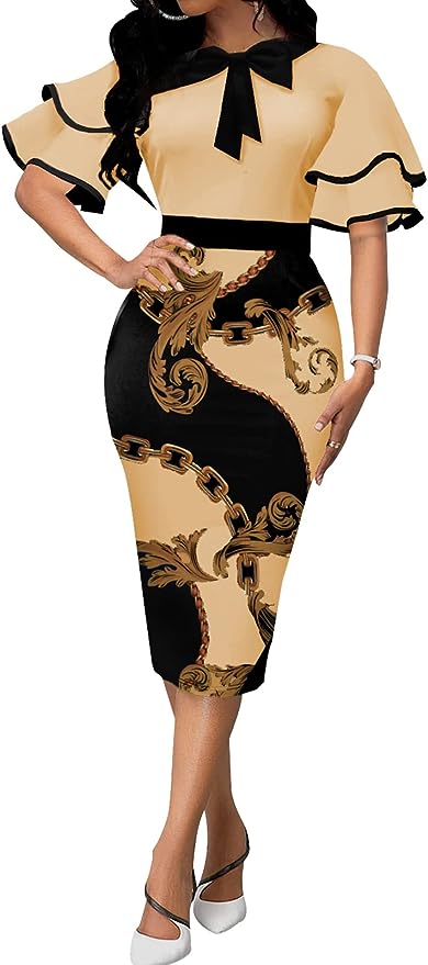 Pencil Dress for Women Business Elegant Ruffle Sleeve Bodycon Church Dresses Wear to Work Zipper