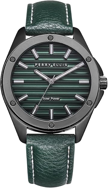Perry Ellis Solar Powered Mens Watch | Vegan Leather Water-Resistant Analog Wrist Watches for Men