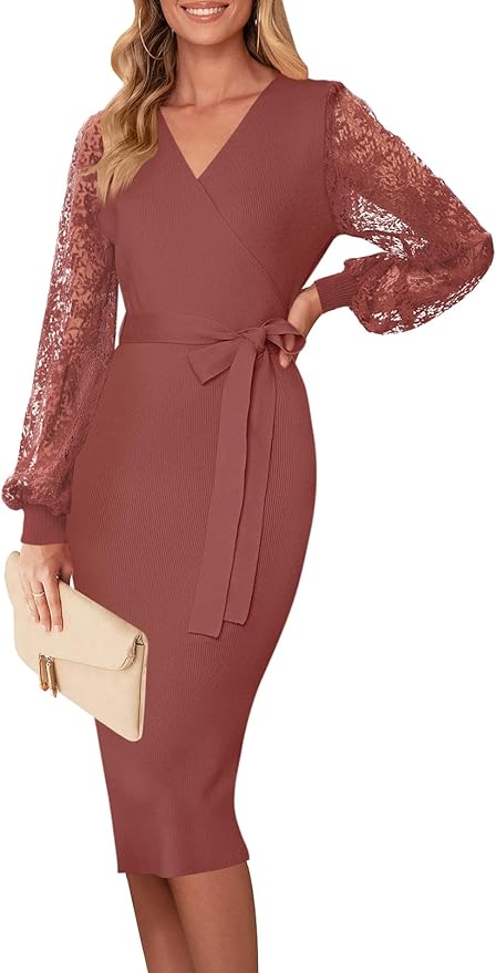 Womens V Neck Lace Long Sleeve Sweater Dress Sexy Wrap Knit Bodycon Midi Dresses with Belt