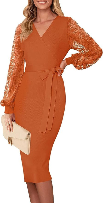 Womens V Neck Lace Long Sleeve Sweater Dress Sexy Wrap Knit Bodycon Midi Dresses with Belt