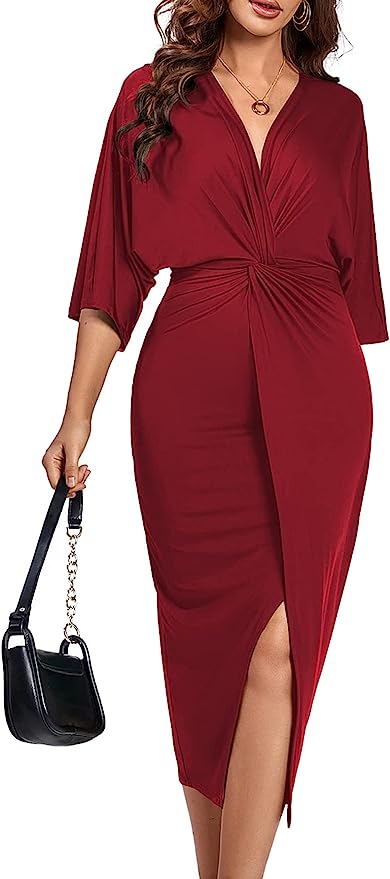 Women's V Neck Wrap Twist Front Half Sleeve Split Hem Cocktail Party Bodycon Dress