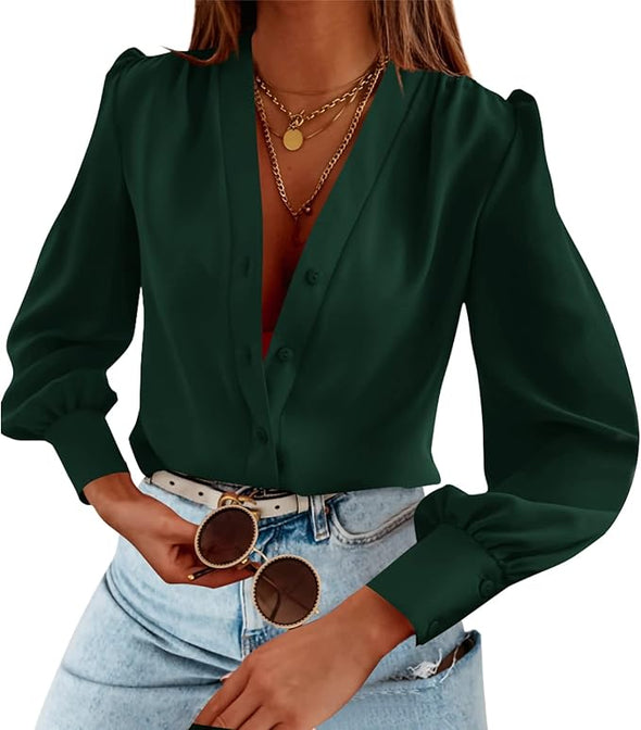 Women's Business Casual Tops Summer Long Sleeve Silk Button Down Shirts V Neck Chiffon Blouses…