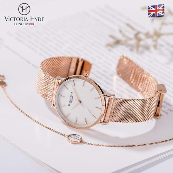 VICTORIA HYDE Rose Gold Watches for Women Analog Quartz Stainless Steel Mesh Band Casual Ladies Wristwatch with Bracelet Sets