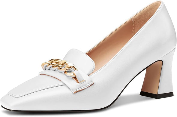 Women Mid Chunky Block Loafers Close Square Toe Slip-on Pumps with Metal Chain Work Casual Pumps 2.8 Inches Heels