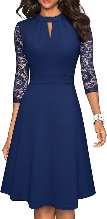 Women's Round Neck Hollow Out Lace Patchwork Retro Party Dresses
