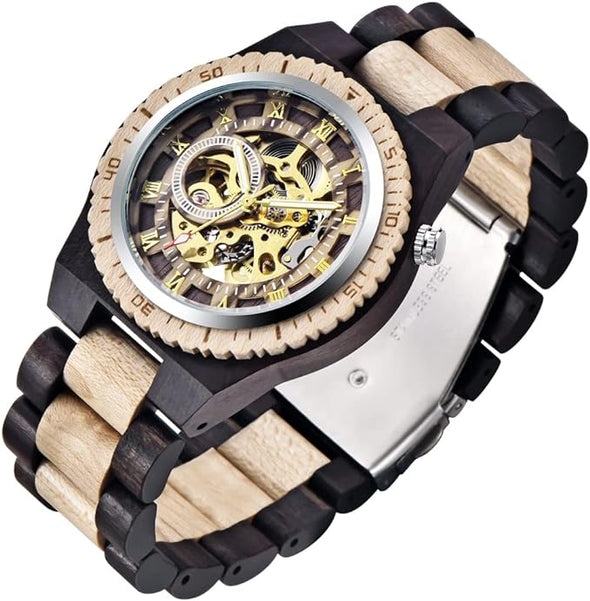 Men's Wooden Watch Skeleton Automatic Movement Wood Watch Self-Winding Watches for