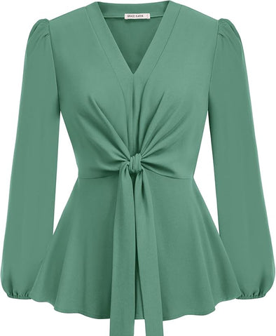 2024 Women's Elegant Peplum Tops V Neck Tie Front Long Sleeve Shirts Tops Blouse