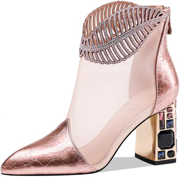 Women's Genuine/Suede Leather with Mesh Pointed Toe Handmade Jewel High Chunky Heel Chic Ankle Boots with Back Zipper