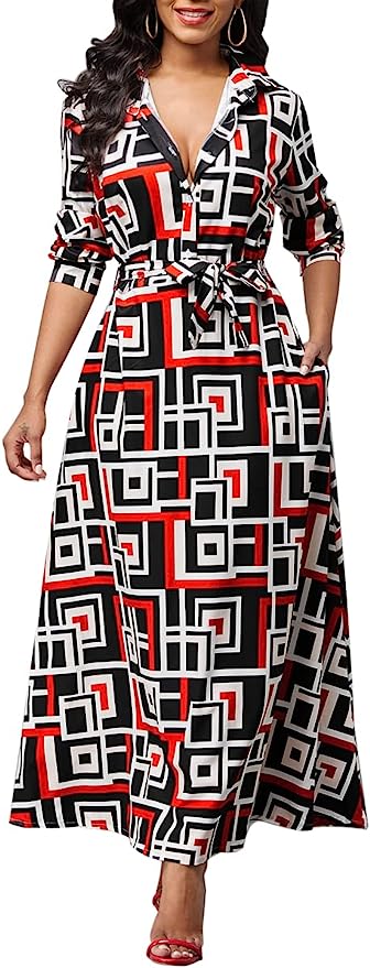 LaiyiVic Womens Maxi Dresses Long Sleeve Floral Printed Casual V Neck Loose Party Dress Fall