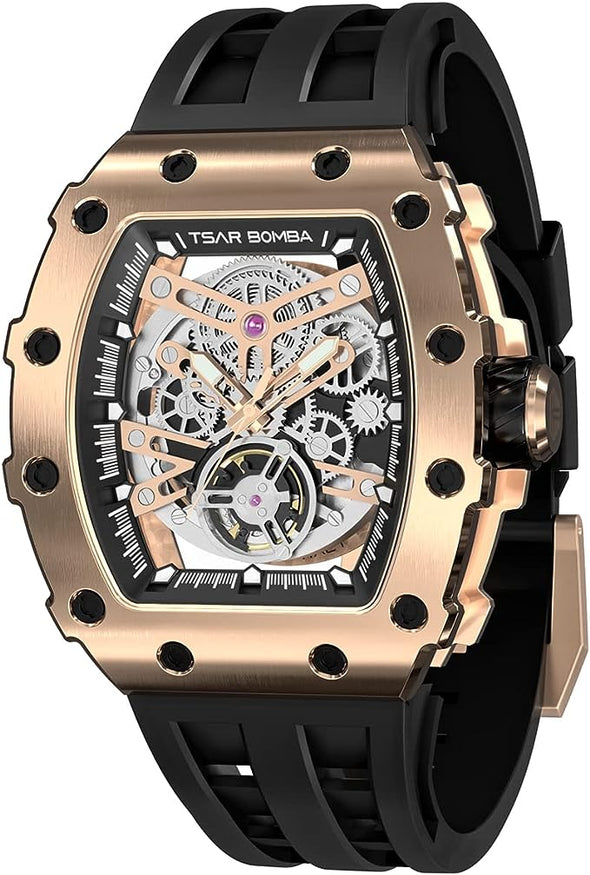 TSAR BOMBA Luxury Mens Automatic Mechanical Watches - Japanese Movement Sapphire Glass - 50M Waterproof Men's Watch - Square Wrist Watches Silicone Band Luminous Elegant Gifts for Men