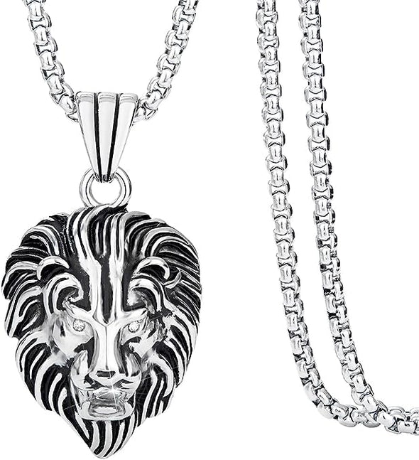 Mens Necklace Lion Pendant Necklace, Bigger in Size, Silver Plated Stainless Steel, 3PCS Shiny CZ Diamonds, Comes with Rope Chain 24”and in a Gift Box