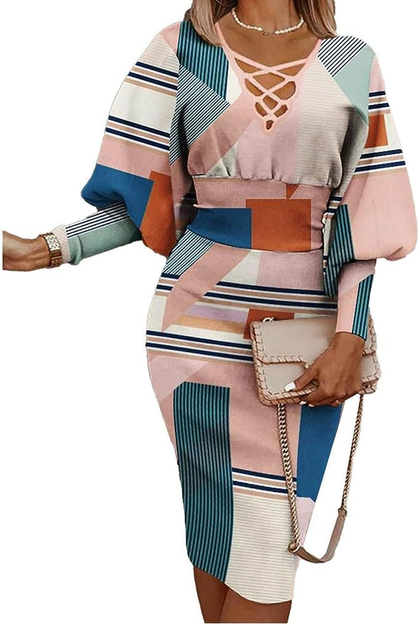 Women Trendy Lantern Sleeve Dress Casual Work Criss Cross V-Neck Color Block Slim Midi Wrap Pencil Dress Fall Spring