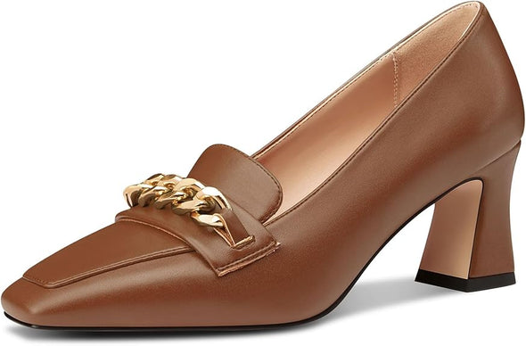 Women Mid Chunky Block Loafers Close Square Toe Slip-on Pumps with Metal Chain Work Casual Pumps 2.8 Inches Heels