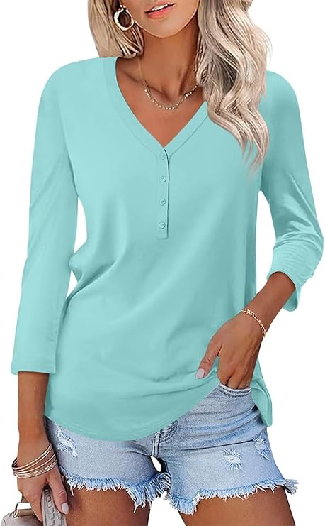 V Neck 3/4 Sleeve Tops Solid Shirts Casual Summer Tees