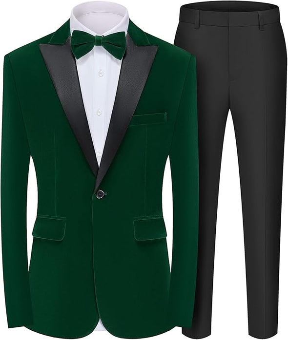 Men's 2 Piece Velvet Suit Peak Lapel One Button Slim Fit Tuxedo Blazer Party Dinner Jacket & Pants