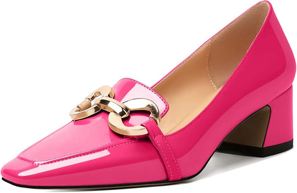 Womens Square Toe Block Heels Mid Chunky Heel Loafer Pumps Slip On Chain Dress Comfortable Prom Shoe