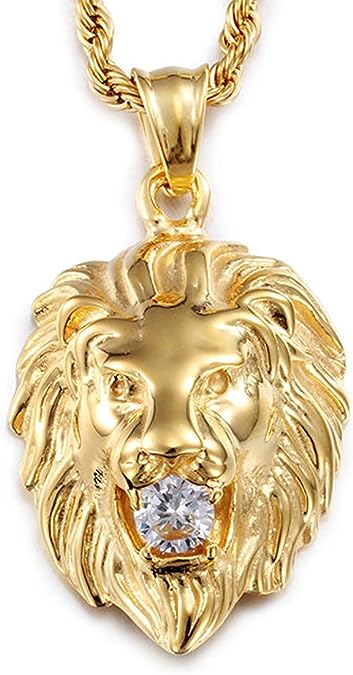 Mens Necklace Lion Pendant Necklace, Bigger in Size, Silver Plated Stainless Steel, 3PCS Shiny CZ Diamonds, Comes with Rope Chain 24”and in a Gift Box