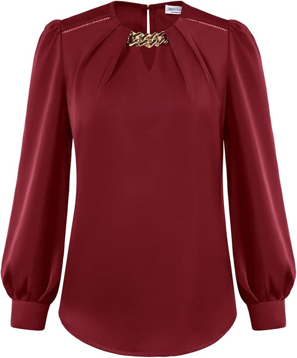 Women's Satin Silk Blouse 2024 Crew Neck Long Sleeve Blouses Elegant Casual Office Work Dressy Shirts Tops