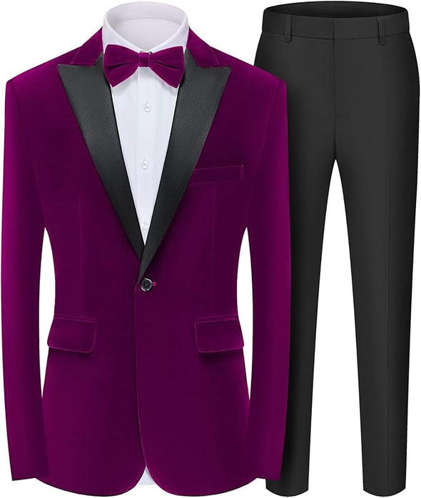 Men's 2 Piece Velvet Suit Peak Lapel One Button Slim Fit Tuxedo Blazer Party Dinner Jacket & Pants