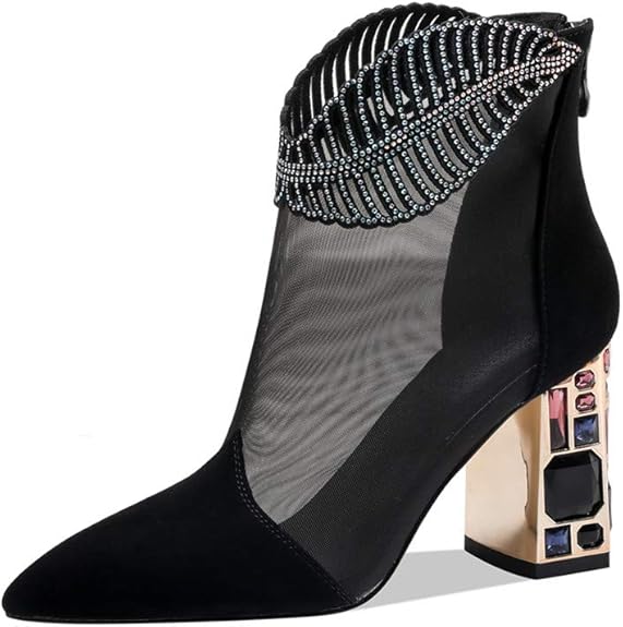 Women's Genuine/Suede Leather with Mesh Pointed Toe Handmade Jewel High Chunky Heel Chic Ankle Boots with Back Zipper