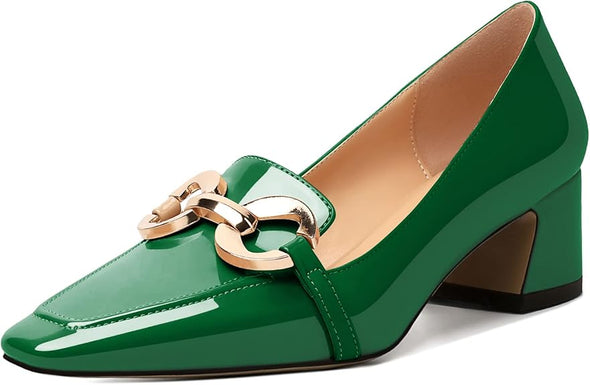 Womens Square Toe Block Heels Mid Chunky Heel Loafer Pumps Slip On Chain Dress Comfortable Prom Shoe