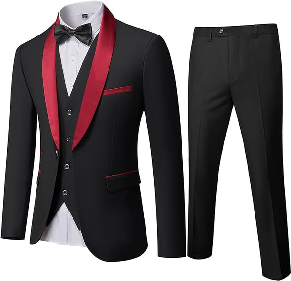 Men's 3 Piece Slim Fit Tuxedo Set, One Button Shawl Collar Solid Jacket Vest Pants with Bow Tie
