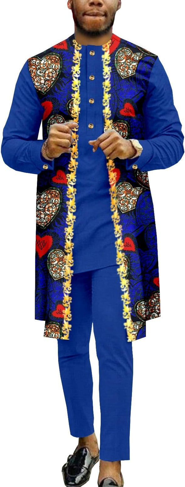 Men Single Breasted Embroidery Print Shirts and Pants 2 Piece Set Outfits