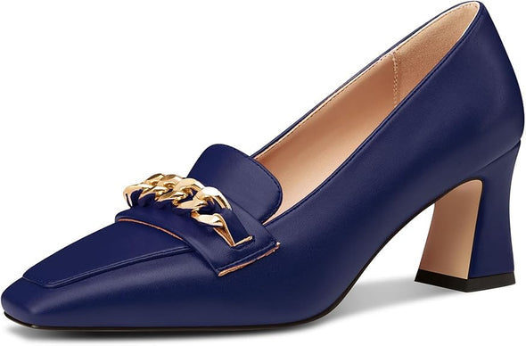 Women Mid Chunky Block Loafers Close Square Toe Slip-on Pumps with Metal Chain Work Casual Pumps 2.8 Inches Heels