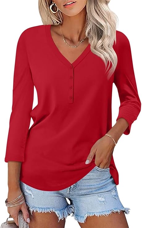 V Neck 3/4 Sleeve Tops Solid Shirts Casual Summer Tees