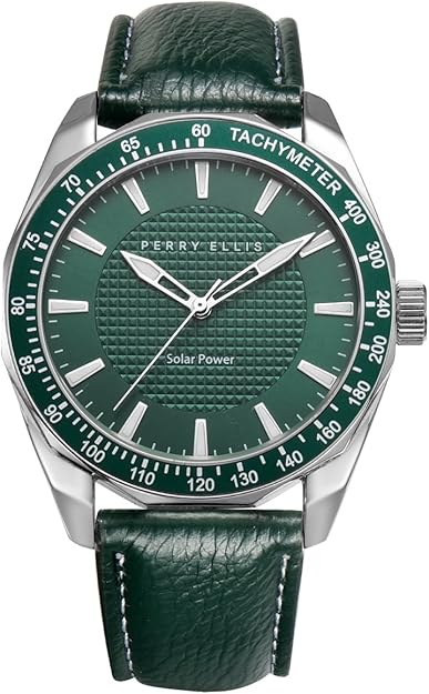 Perry Ellis Solar Powered Mens Watch | Vegan Leather Water-Resistant Analog Wrist Watches for Men
