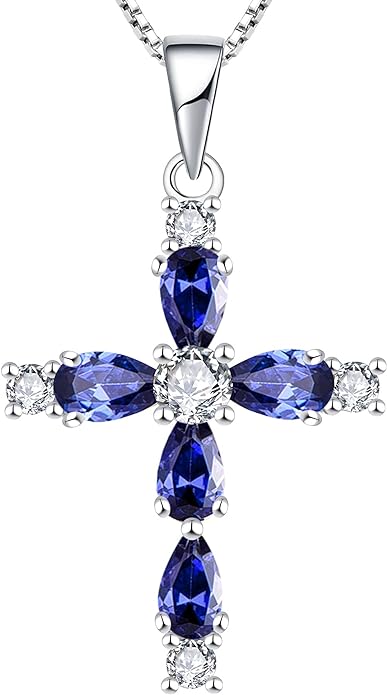 Gemstone Cross Necklace 925 Sterling Silver Created Sapphire/Ruby/Emerald/Amethyst Religious Pendant 18K White Gold Jewelry