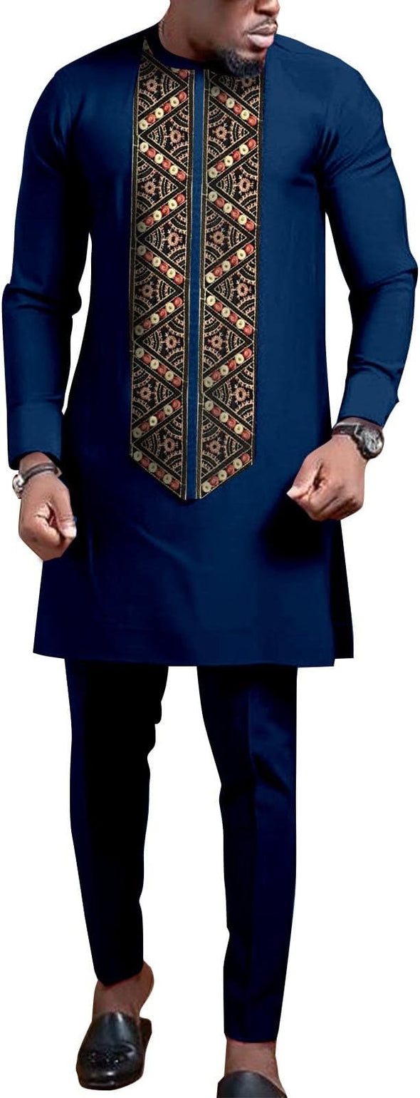 Men Embroidery Shirts and Pants 2 Piece Set Outfits Elegant Clothing