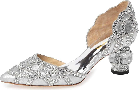 Women's Pumps, Elegant Pointed Toe, D'Orsay Crystal Chunky Low Heels 2 Inches, Rhinestone Studs, Slip-On Satin Shoes for Wedding