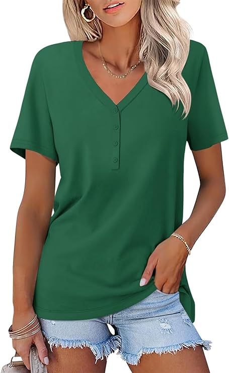 V Neck 3/4 Sleeve Tops Solid Shirts Casual Summer Tees