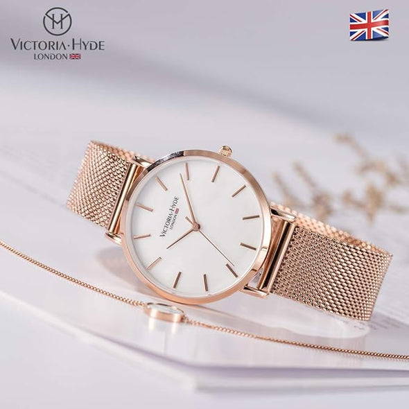 VICTORIA HYDE Rose Gold Watches for Women Analog Quartz Stainless Steel Mesh Band Casual Ladies Wristwatch with Bracelet Sets