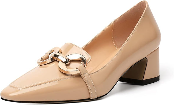 Womens Square Toe Block Heels Mid Chunky Heel Loafer Pumps Slip On Chain Dress Comfortable Prom Shoe