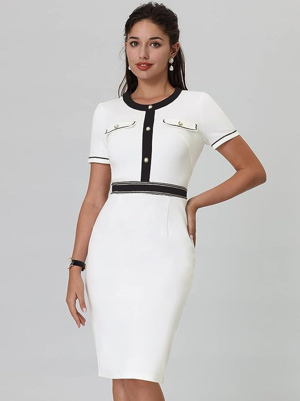 Women's Sheath Dress Short Sleeve Contrast Color Elegant Pencil Dresses