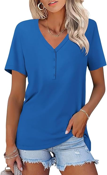 V Neck 3/4 Sleeve Tops Solid Shirts Casual Summer Tees