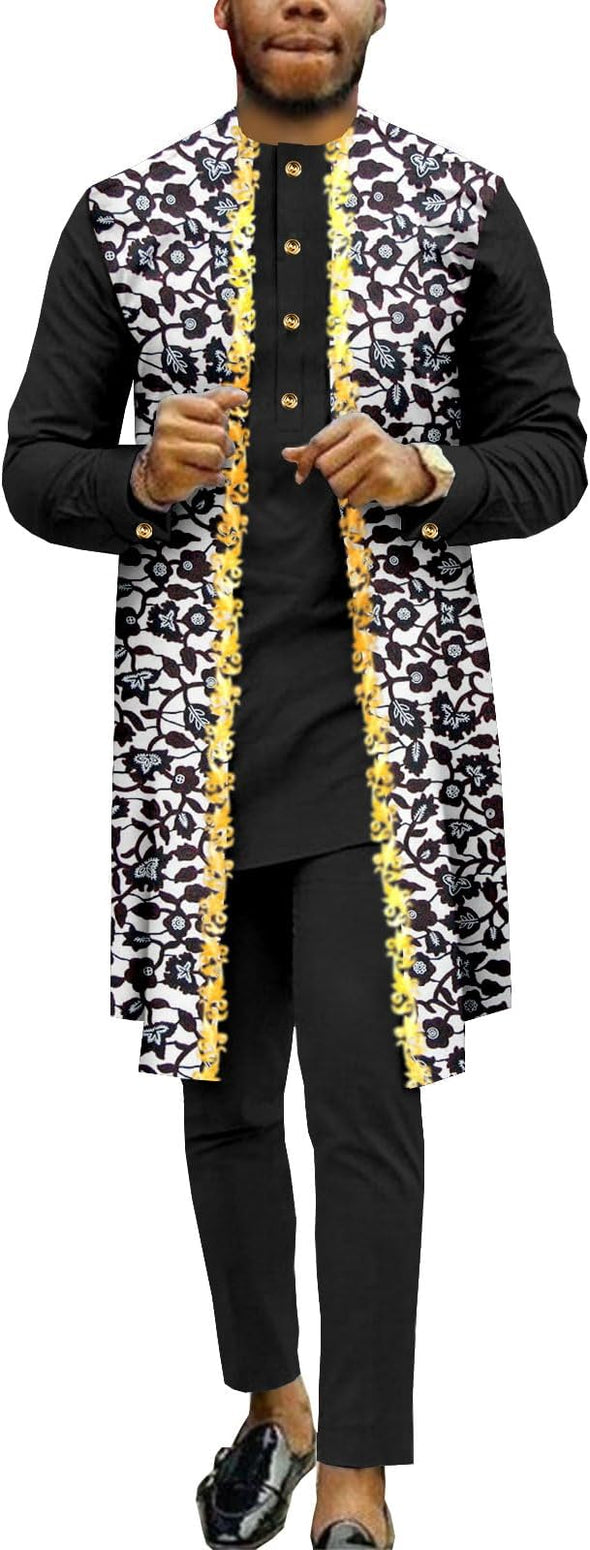 Men Single Breasted Embroidery Print Shirts and Pants 2 Piece Set Outfits