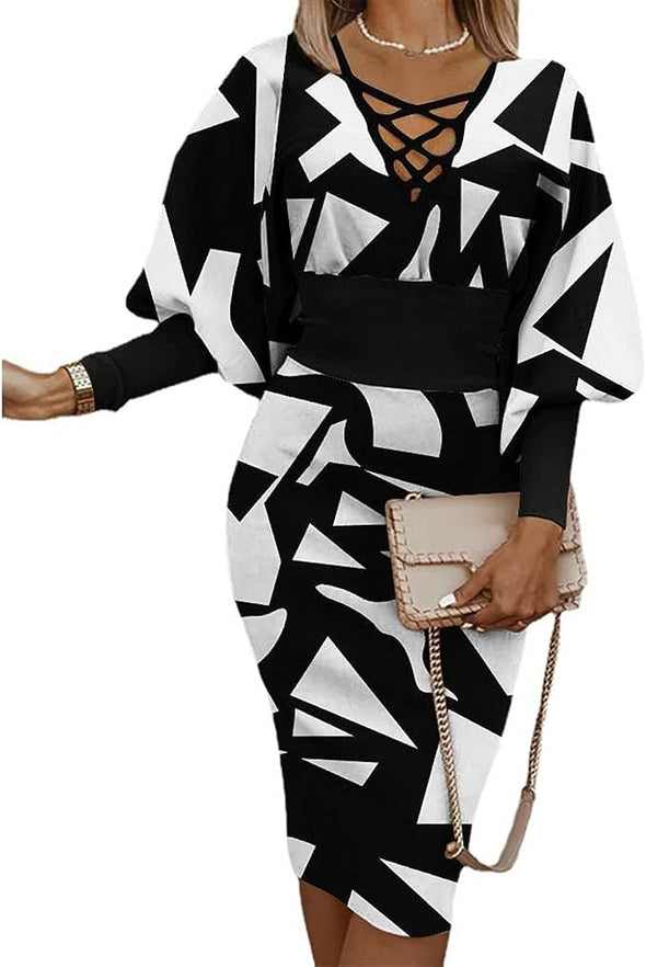 Women Trendy Lantern Sleeve Dress Casual Work Criss Cross V-Neck Color Block Slim Midi Wrap Pencil Dress Fall Spring